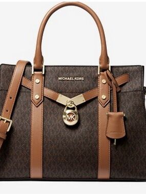 Michael Kors Brown and Tan Logo Satchel with Gold Hardware